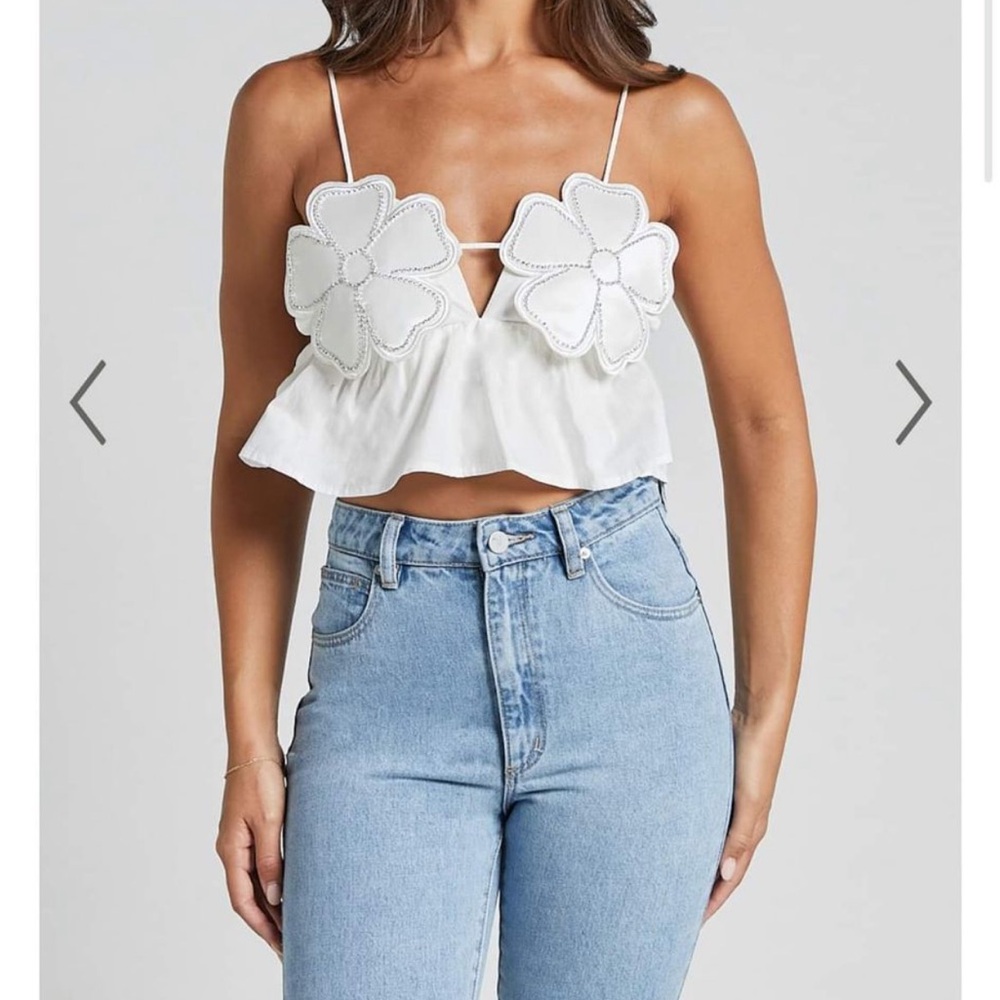 White Sleeveless Crop Camisole with Cut Out and Embellished Details